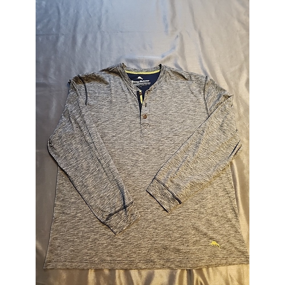 Tommy Bahama Mens XL Gray Space Dye Long Sleeve Henley Shirt Marlin Logo